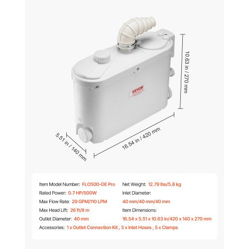 Macerator Pump 500W 29 GPM Flow 26 ft8 m Head Macerator Sewerage Toilet