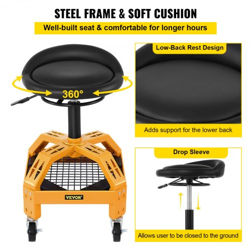 Rolling Garage Stool 300LBS Capacity Adjustable Height from 24 in to 287