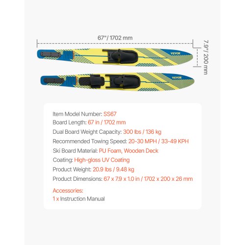 67 Water Skis Adult Water Ski with X9 Adjustable Horseshoe Bindings