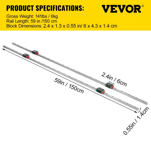 Linear Rail HSR151500mm 2pcs Linear Guideway Rail4X Square Type Carriage
