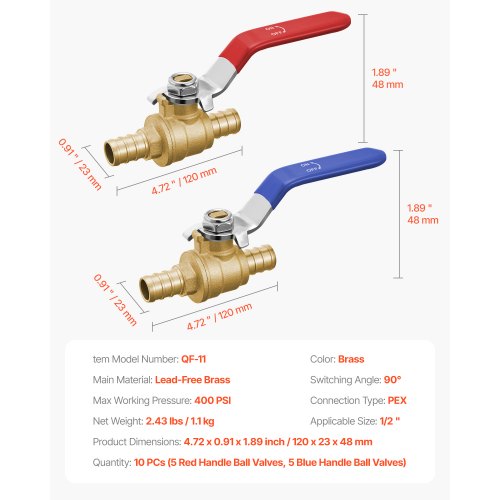 PEX Ball Valve 10 Pieces 12 in PEX Brass Ball Valve PEX Full Port Brass