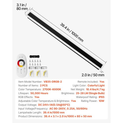 Outdoor Wall Lights 2 Pack 39.4 Inch Long RGB Modern Exterior Wall Sconce