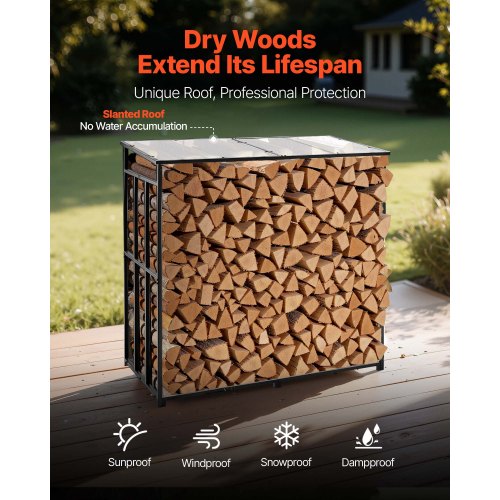 Firewood Rack with Sloped Roof 4 ft Outdoor Firewood Holder 14 Cord Log