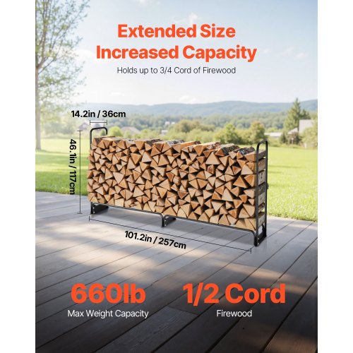 Firewood Rack with Waterproof Cover 8 ft Outdoor Firewood Holder 12 Cord