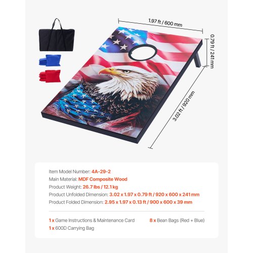 Cornhole Set 3x2 ft Corn Hole Game Boards MDF Wood Portable Toss Board