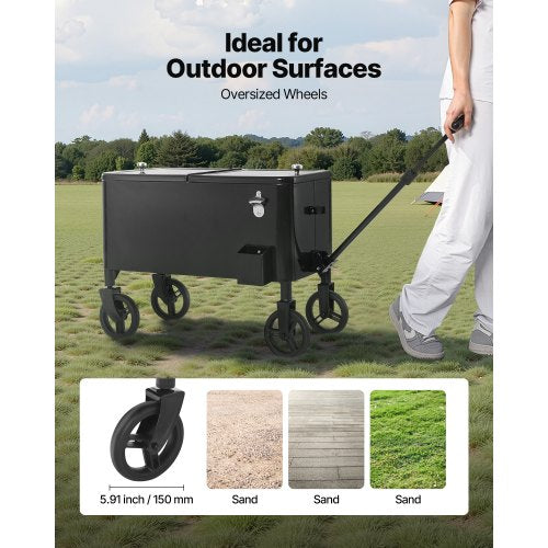 80 Quart Rolling Ice Chest Cart with 2Stage Telescopic Pull Handle and 2