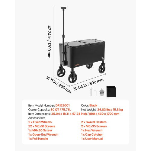 80 Quart Rolling Ice Chest Cart with 2Stage Telescopic Pull Handle and 2