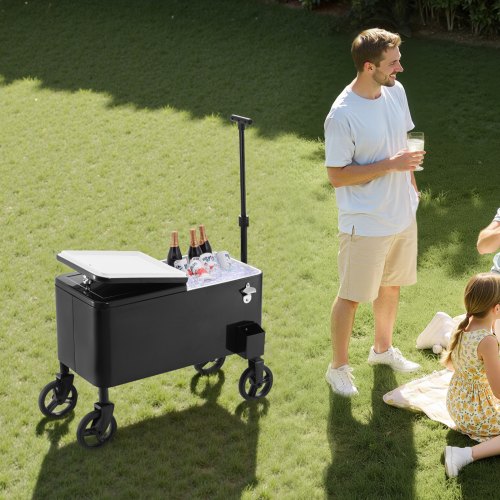 80 Quart Rolling Ice Chest Cart with 2Stage Telescopic Pull Handle and 2