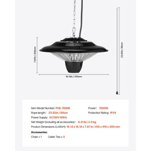 Hanging Patio Heater 1500W Electric Space Infrared Heater IP34 Protection