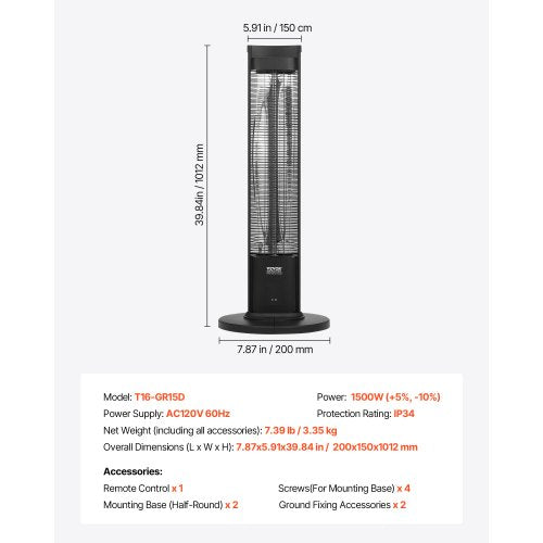 Infrared Heater 1500W Electric Space Heater with Remote Control 2 Speeds