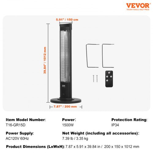 Infrared Heater 1500W Remote Control Electric Space Heater Patio Heater w