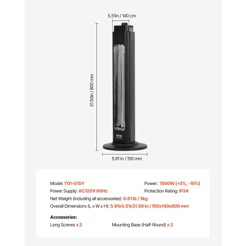 Infrared Heater 1500W Electric Space Heater with Remote Control 3 Speeds