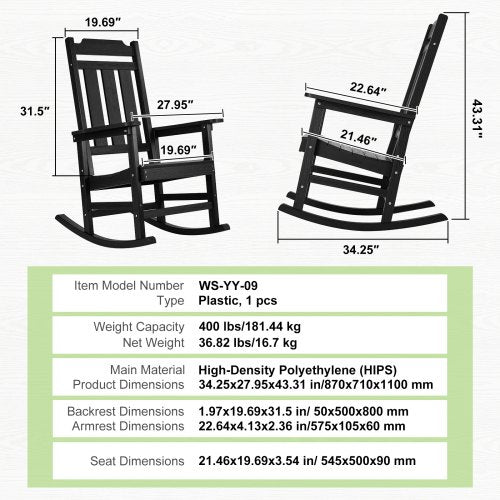 Porch Rocker HIPS Outdoor Rocking Chair High Back Patio Rocking Chair
