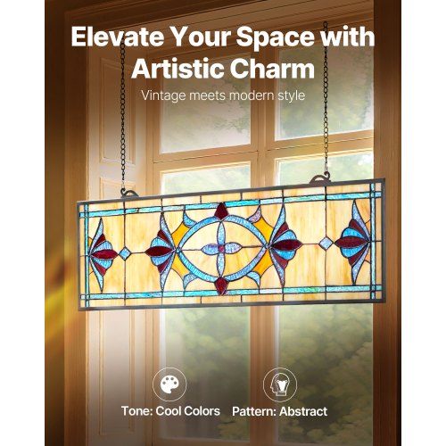 Stained Glass Window Panel 32 x 10 in Tiffany Style Hanging Transom Window