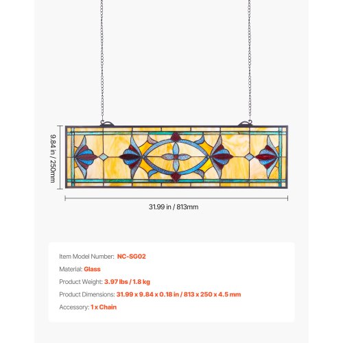 Stained Glass Window Panel 32 x 10 in Tiffany Style Hanging Transom Window