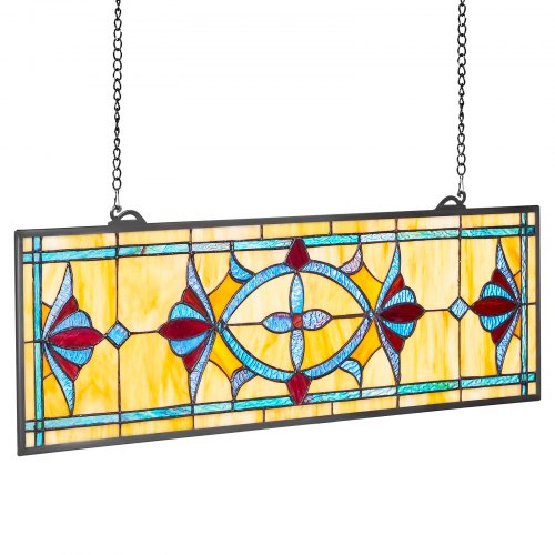 Stained Glass Window Panel 32 x 10 in Tiffany Style Hanging Transom Window
