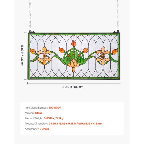 Stained Glass Window Panel 32 x 17 in Tiffany Style Hanging Transom Window