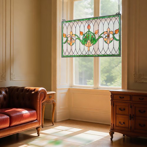 Stained Glass Window Panel 32 x 17 in Tiffany Style Hanging Transom Window