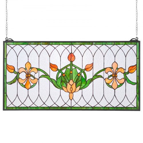 Stained Glass Window Panel 32 x 17 in Tiffany Style Hanging Transom Window