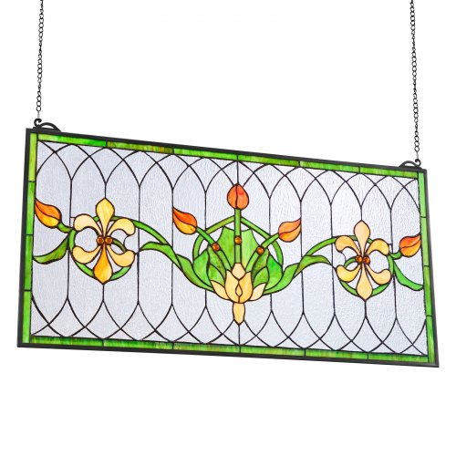 Stained Glass Window Panel 32 x 17 in Tiffany Style Hanging Transom Window