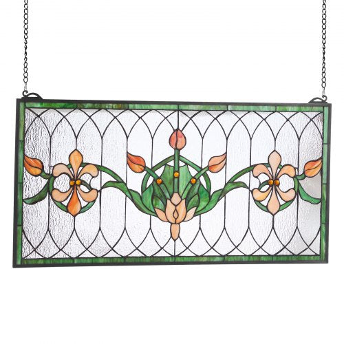 Stained Glass Window Panel 32 x 17 in Tiffany Style Hanging Transom Window
