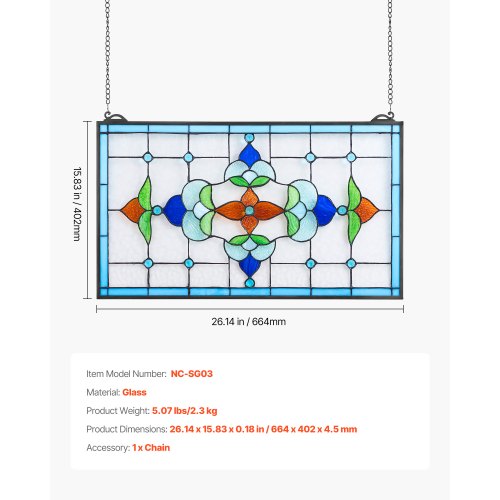 Stained Glass Window Panel 26 x 16 in Tiffany Style Hanging Transom Window