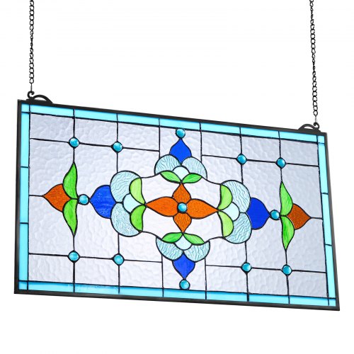 Stained Glass Window Panel 26 x 16 in Tiffany Style Hanging Transom Window
