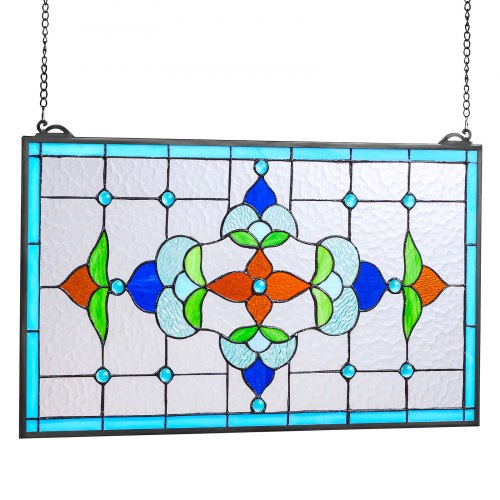 Stained Glass Window Panel 26 x 16 in Tiffany Style Hanging Transom Window