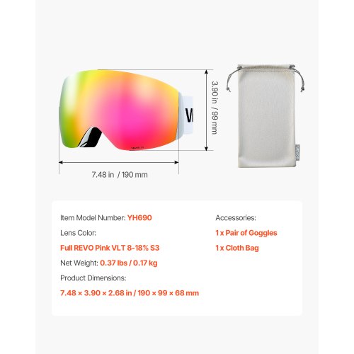 Frameless Ski Goggles Spherical Lens with Pink Revo Coating OTG Anti fog