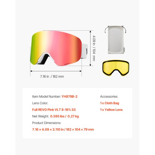 Frameless Ski Goggles Magnet Cylindrical Lens with Pink Revo Coating OTG
