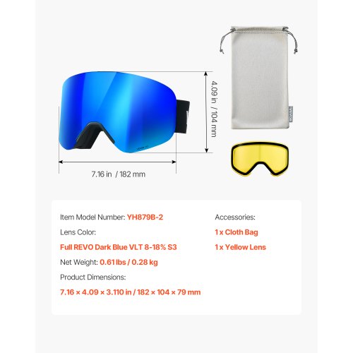 Frameless Ski Goggles Magnet Cylindrical Lens with Dark Blue Revo Coating