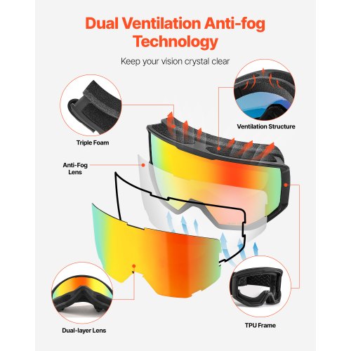 Ski Goggles Cylindrical Lens with Orange Revo Coating OTG Anti fog Snow
