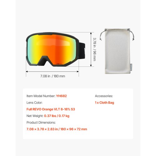 Ski Goggles Cylindrical Lens with Orange Revo Coating OTG Anti fog Snow