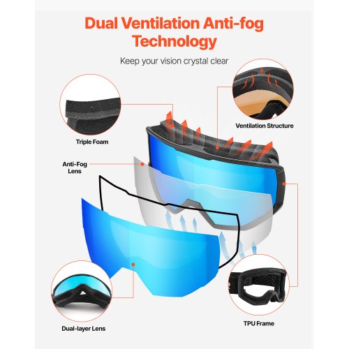 Ski Goggles Cylindrical Lens with Ice Blue Revo Coating OTG Anti fog Snow