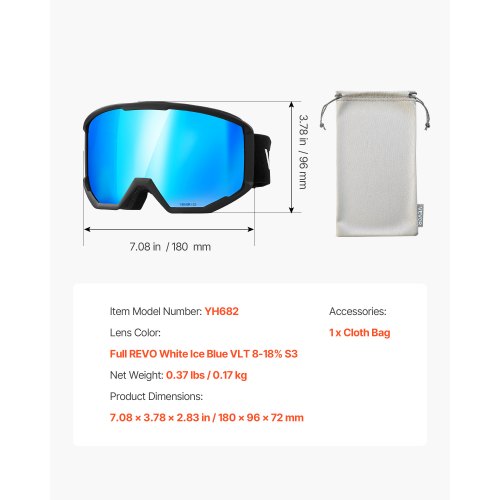 Ski Goggles Cylindrical Lens with Ice Blue Revo Coating OTG Anti fog Snow