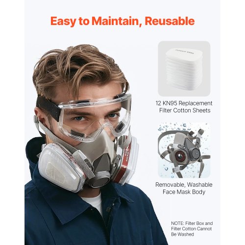 Respirator Mask Reusable Half Face Cover with Safety Glasses and Filters