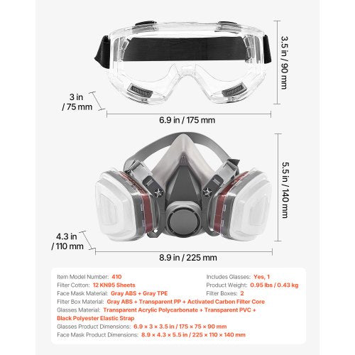 Respirator Mask Reusable Half Face Cover with Safety Glasses and Filters