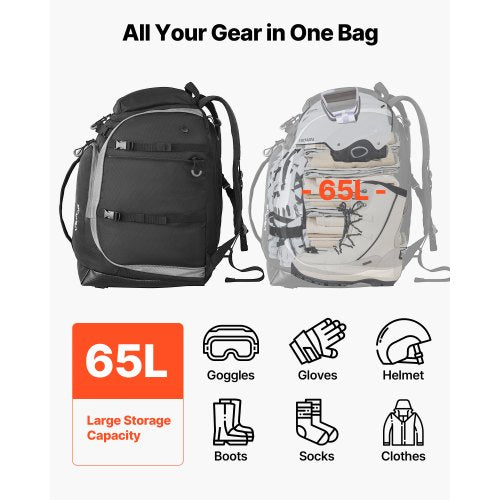 Ski Boot Bag Snowboard Boots Travel Backpack 55L Waterproof Oxford Black