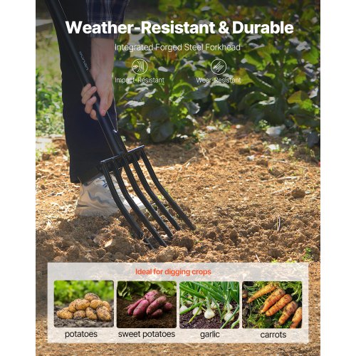 Garden Fork 5Tine Gardening Pitchfork with Metal Handle 41 in Heavy Duty