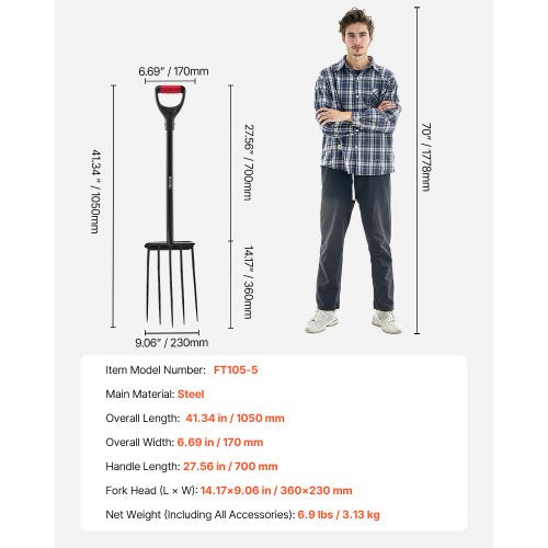 Garden Fork 5Tine Gardening Pitchfork with Metal Handle 41 in Heavy Duty