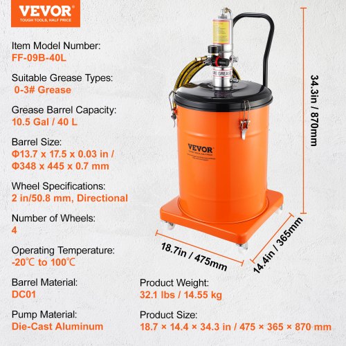 Grease Pump 10.5 Gallon 40L Air Operated Grease Pump with 13 ft High