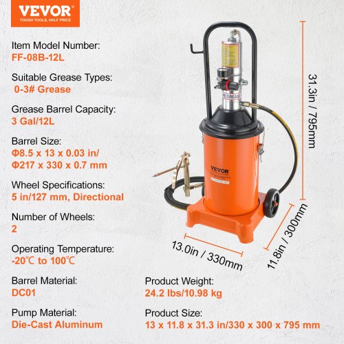 Grease Pump 3 Gallon 12L Air Operated Grease Pump with 13 ft High Pressure
