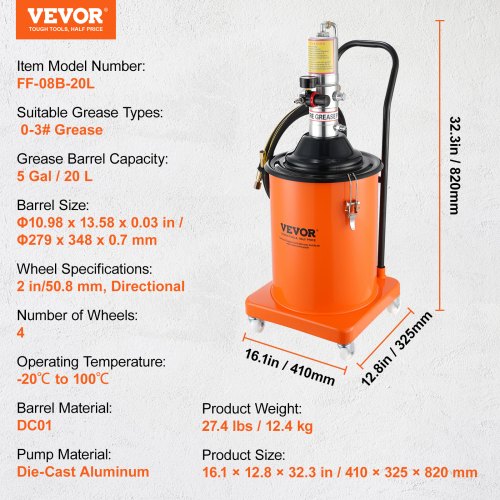 Grease Pump 5 Gallon 20L Air Operated Grease Pump with 13 ft High Pressure