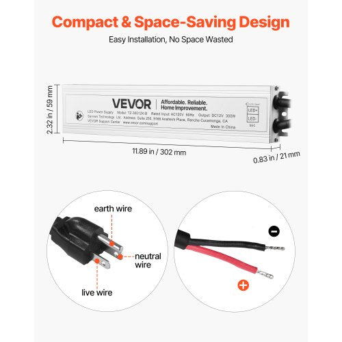 LED Driver 300 Watts 12V DC Waterproof IP67 Low Voltage Power Supply
