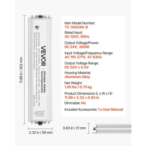 LED Driver 300 Watts 24V DC Waterproof IP67 Low Voltage Power Supply