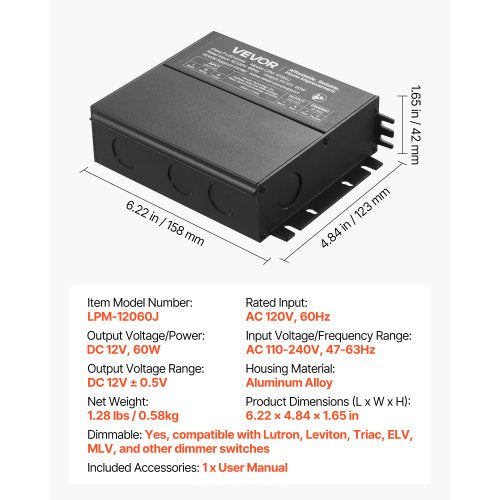 60W Dimmable LED Driver 12V TriacELVMLV AC to DC Power Supply