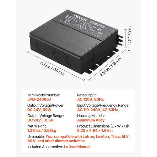 60W Dimmable LED Driver 24V TriacELVMLV AC to DC Power Supply