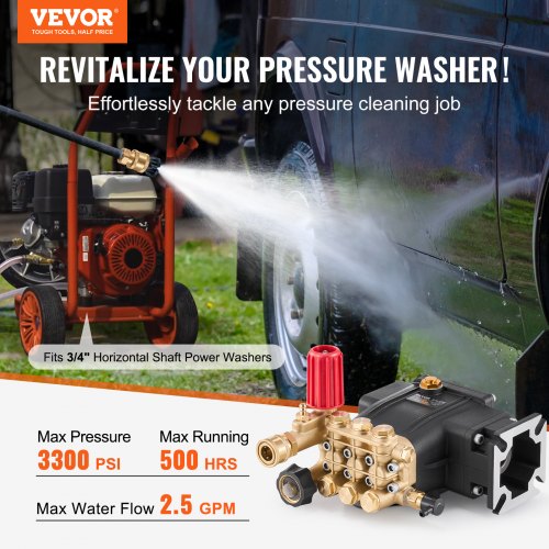 Pressure Washer Pump 34 Shaft Horizontal Triplex Plunger 3300 PSI