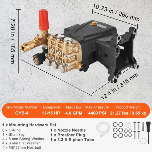 Pressure Washer Pump 1 Shaft Horizontal Triplex Plunger 4400 PSI 4 GPM