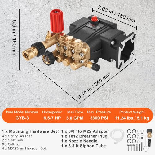 Pressure Washer Pump 34 Shaft Horizontal Triplex Plunger 3700 PSI 25